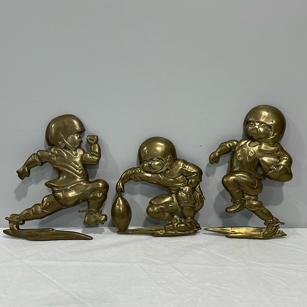 Brass Metal Kid Football Players Wall Plaques 1970's Retro Vintage Set of 3